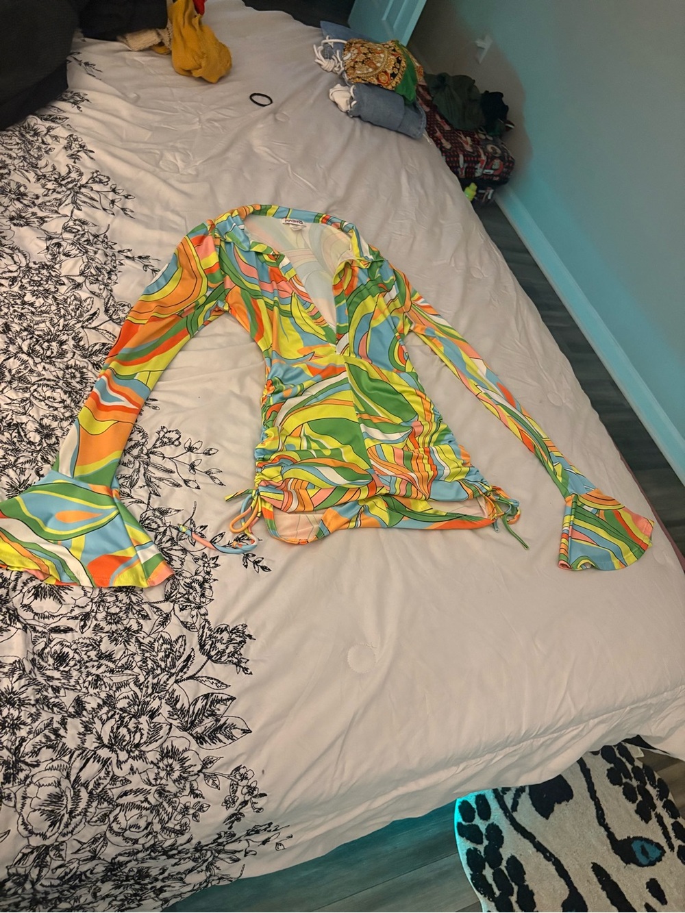 Retro Multicolor Swirl Long-Sleeve V-Neck Jumpsuit